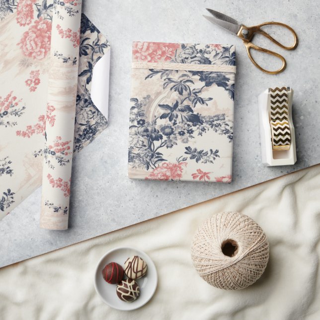 Papel De Regalo Patrón moderno de tela azul floral peoney de Jouy (Artesanía)