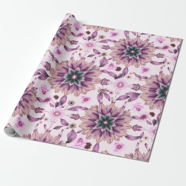 Papel De Regalo Patrón morado floral (Desenrollado)