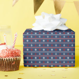 Papel De Regalo Patrón Náutico Blanco Y Azul Rojo