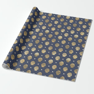 Papel De Regalo Patrón náutico de conchas azul y dorado