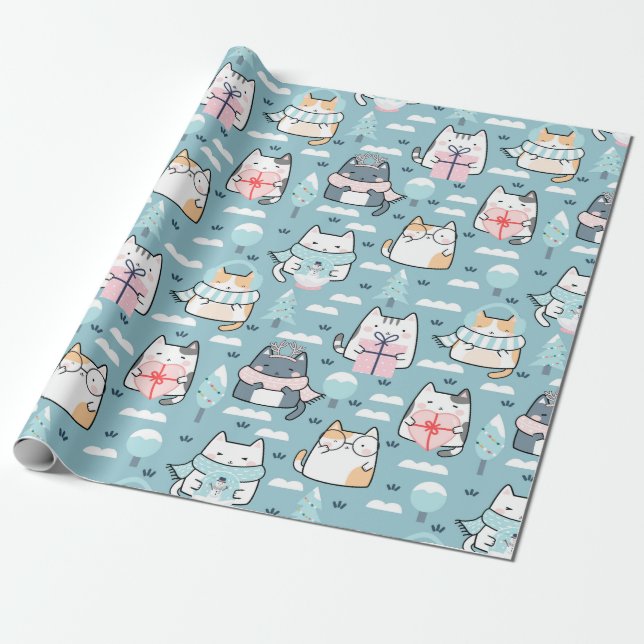 Papel De Regalo Patrón navidad De Gatos Divertidos, Bolas De Nieve (Desenrollado)