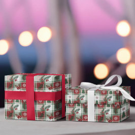 Papel De Regalo Patrón Navideño Antiguo de Cuadros con Acebo y Cie