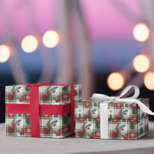 Papel De Regalo Patrón Navideño Antiguo de Cuadros con Acebo y Cie