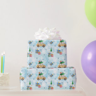 Papel De Regalo Patrón navideño de acuarela con coche y regalos