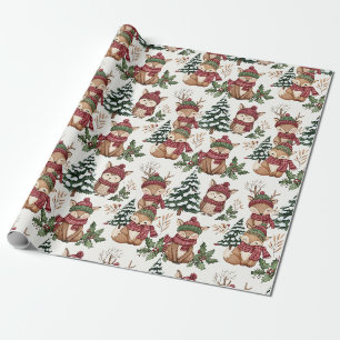 Papel De Regalo Patrón Navideño de Animales del Bosque con Zorro y