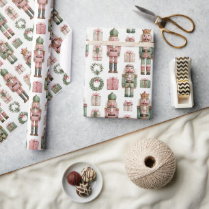 Papel De Regalo Patrón Navideño de Cascanueces Verde-Rosa