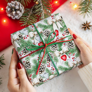 Papel De Regalo Patrón navideño de piñas y ramas de pino rústico