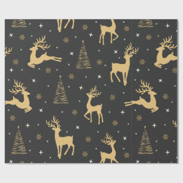 Papel De Regalo Patrón Navideño de Reno Dorado y Negro 