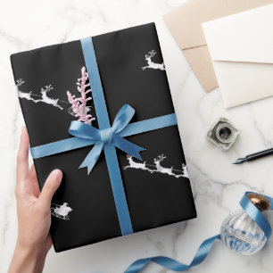 Papel De Regalo patrón navideño de renos plateados con fondo negro