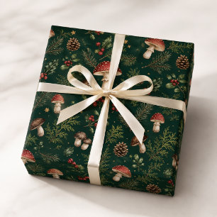 Papel De Regalo Patrón navideño de setas cottagecore verde oscuro