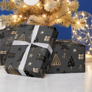 Papel De Regalo Patrón navideño escandinavo moderno negro oro