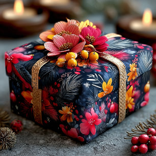 Papel De Regalo Patrón Navideño Floral y de Pino Festivo en Calido