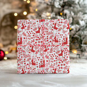 Papel De Regalo Patrón navideño minimalista de renos rojos y folla