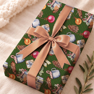 Papel De Regalo Patrón Navideño Retro Verde Festivo