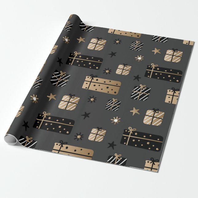 Papel De Regalo Patrón negro/dorado/blanco de Navidades pequeños (Desenrollado)
