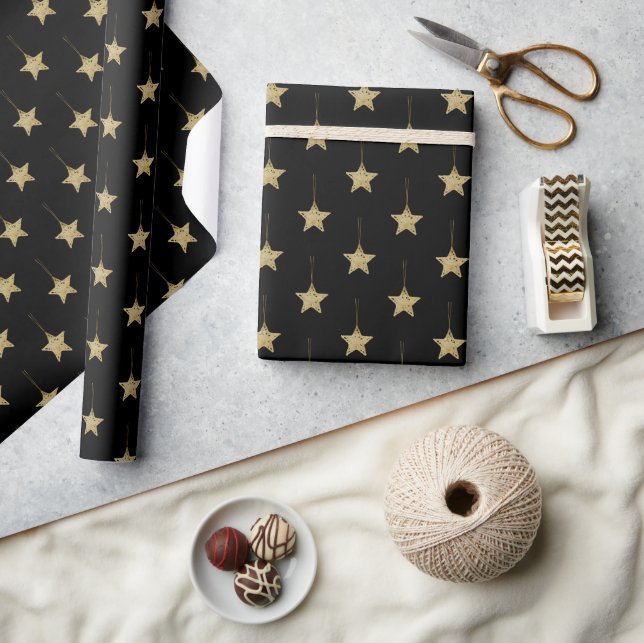 Papel De Regalo Patrón negro moderno con estrellas doradas (Artesanía)