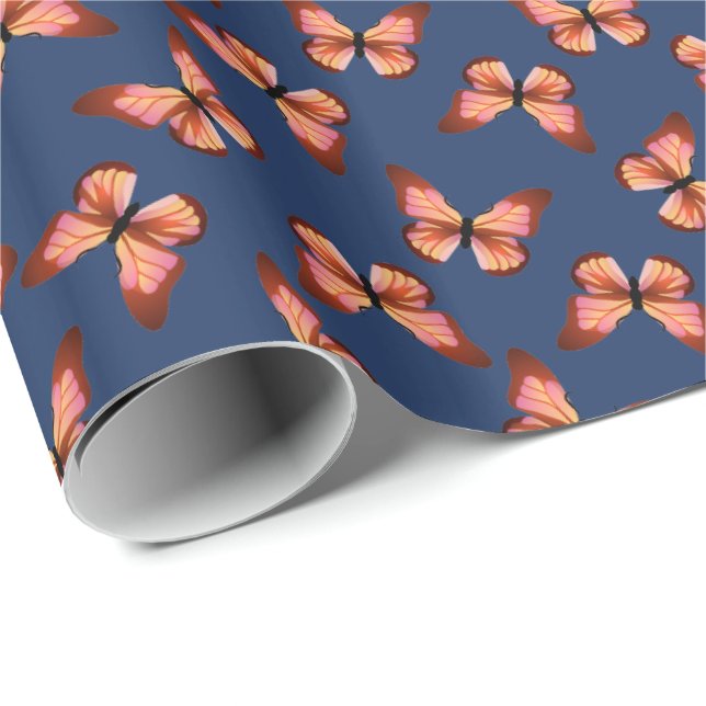 Papel De Regalo Patrón negro rosado Naranja de mariposas (Esquina del rollo)