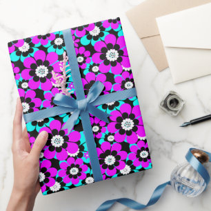 Papel De Regalo Patrón neón floral flores púrpura y turquesa