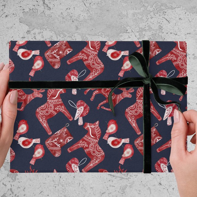 Papel De Regalo Patrón nórdico escandinavo Folk Dala Caballo Navid (Subido por el creador)