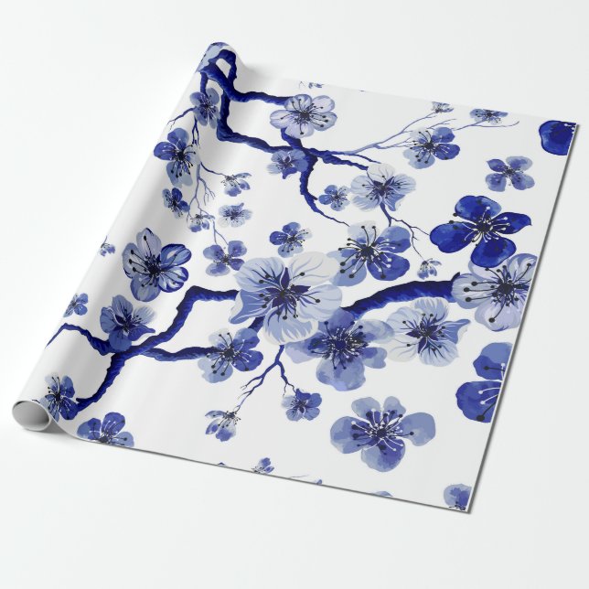 Papel De Regalo Patrón oriental acuarela con rama sakura. S (Desenrollado)