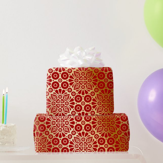 Papel De Regalo Patrón oriental de oro rojo (Regalos de fiesta)