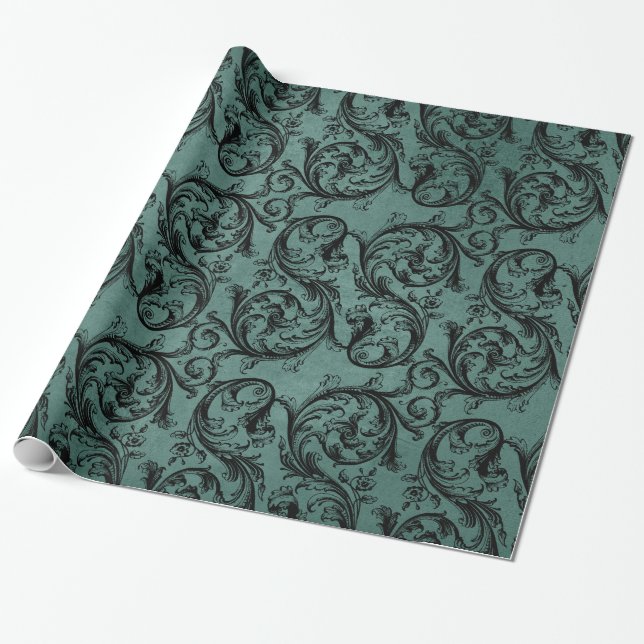 Papel De Regalo Patrón ornamental de cosecha negra y Verde azulada (Desenrollado)