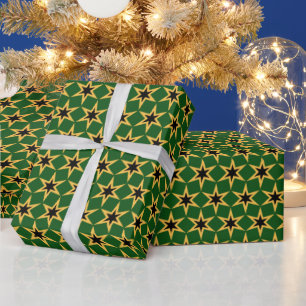 Papel De Regalo Patrón Oro Negro Y Estrella Verde