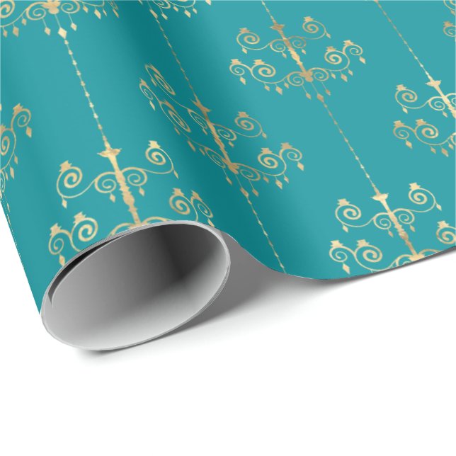 Papel De Regalo Patrón oro Verde azulado de Glam Elegante (Esquina del rollo)