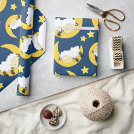 Papel De Regalo Patrón ovino, oveja durmiente, luna, estrellas