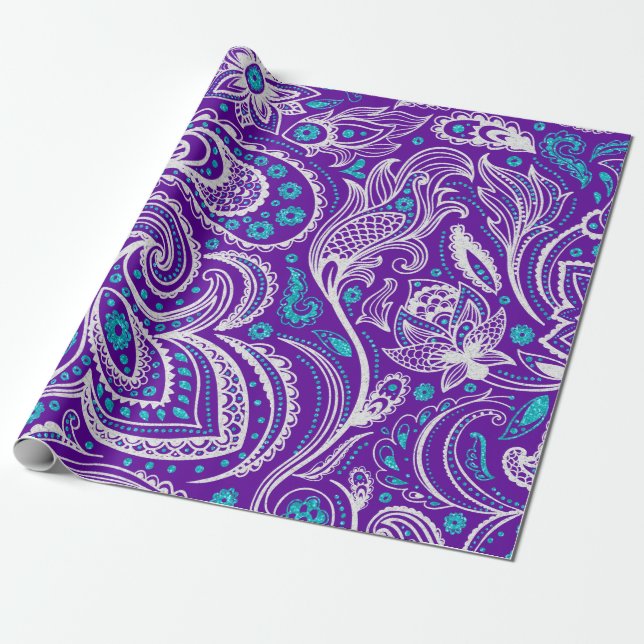 Papel De Regalo Patrón paisajista blanco y turquesa sobre violeta (Desenrollado)