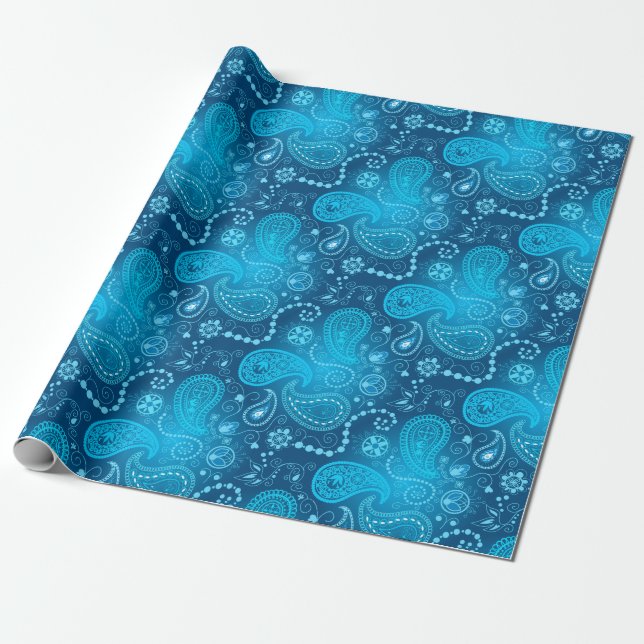 Papel De Regalo Patrón paisley azul transparente. Elegante estilo (Desenrollado)