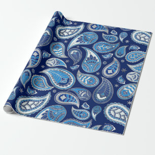 Papel De Regalo Patrón Paisley - Azul y plata