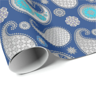 Papel De Regalo Patrón paisley, gris plateado / gris sobre azul co
