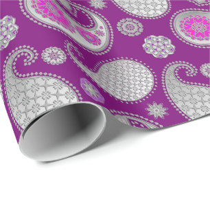 Papel De Regalo Patrón paisley, gris plateado / gris sobre morado 