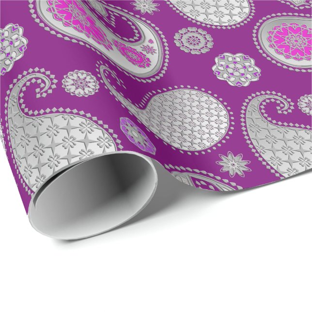 Papel De Regalo Patrón paisley, gris plateado / gris sobre morado  (Esquina del rollo)