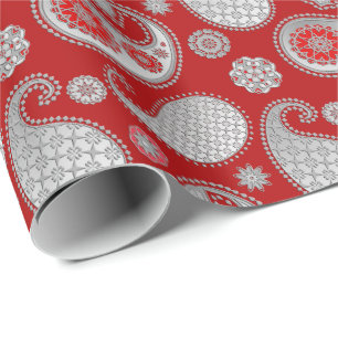 Papel De Regalo Patrón paisley, gris plateado / gris sobre rojo pr