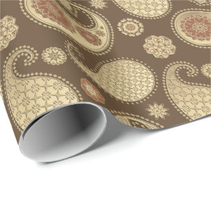 Papel De Regalo Patrón paisley, oro suave en marrón chocolate
