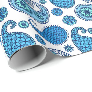Papel De Regalo Patrón paisley, tonos azules sobre blanco
