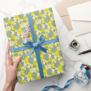Papel De Regalo Patrón Paisley Tribal Limón Amarillo Turquesa