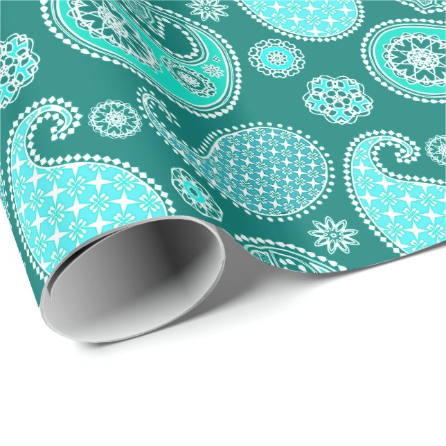 Papel De Regalo Patrón paisley, turquesa, acuática y blanco (Esquina del rollo)