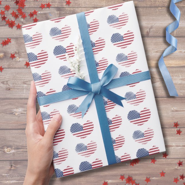 Papel De Regalo Patrón patriótico de la bandera estadounidense (Cute Patriotic American Flag Rustic Heart Pattern Wrapping Paper)