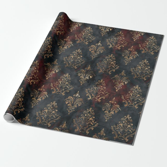 Papel De Regalo Patrón Persa Damask Noir Dorado (2) (Desenrollado)