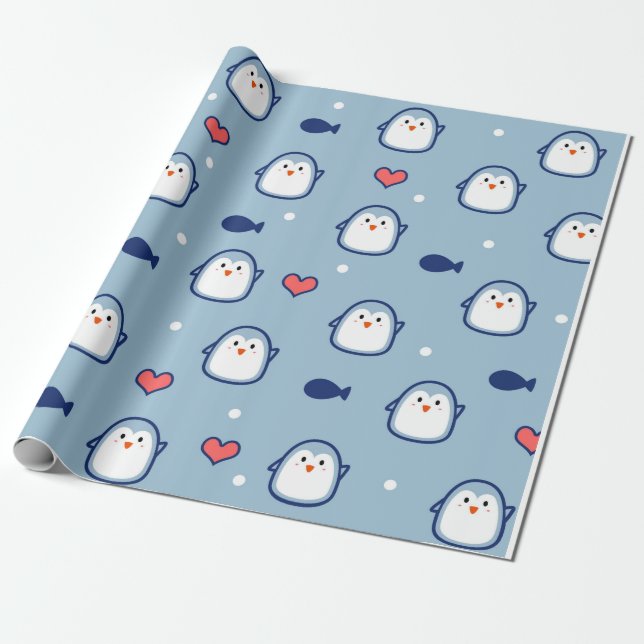 Papel De Regalo Patrón pingüino azul corto (Desenrollado)