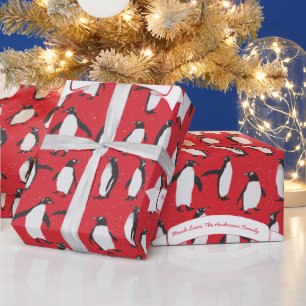 Papel De Regalo Patrón pingüino personalizado rojo