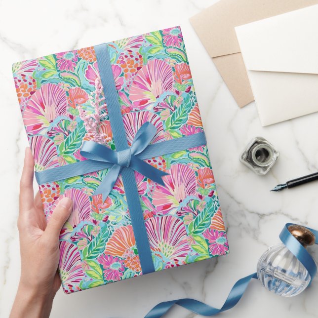 Papel De Regalo Patrón Preppy Palm Beach Ocean Shells (Regalar)