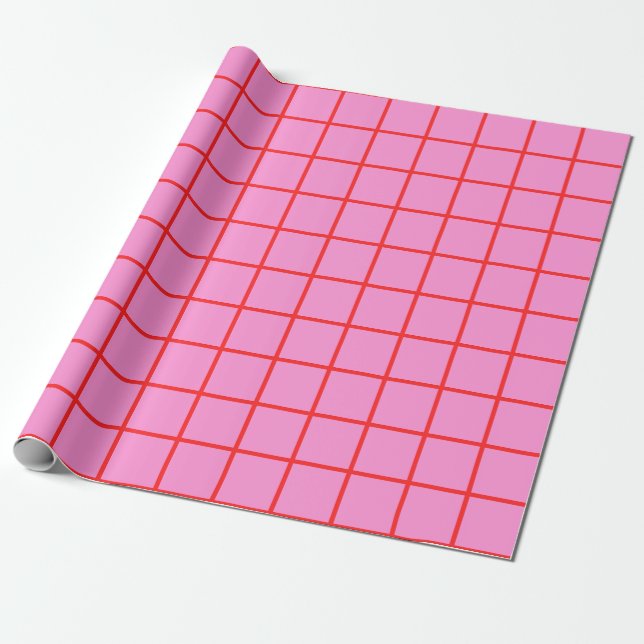Papel De Regalo Patrón Preppy Rosa y Red Grid (Desenrollado)