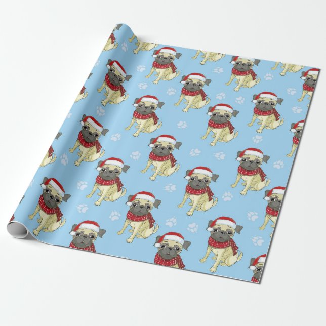 Papel De Regalo Patrón Pug In Santa Hat (Desenrollado)