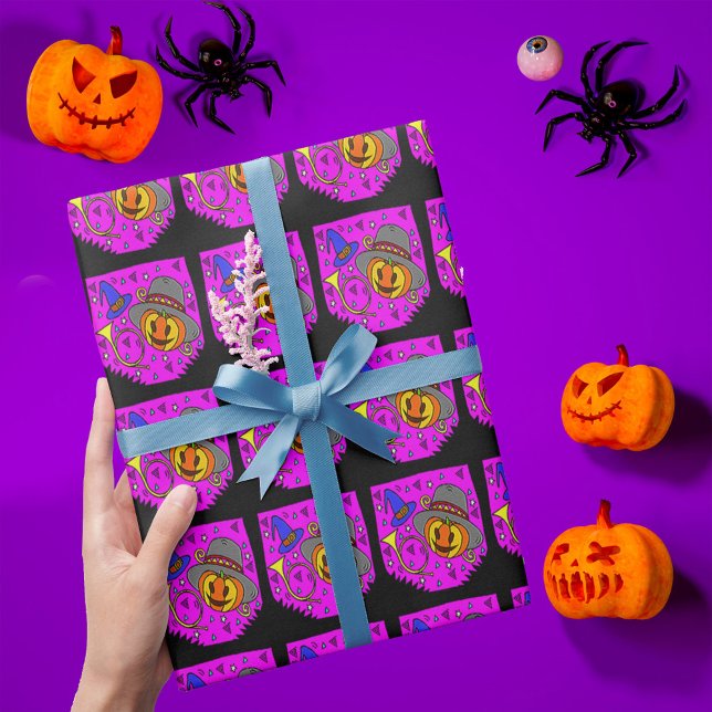 Papel De Regalo Patrón púrpura de la mezcla bugle de Halloween (Halloween Jack O'Lantern Bugle Purple Pattern Wrapping Paper)