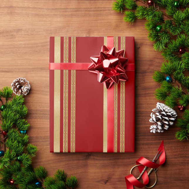 Papel De Regalo patrón rayado de oro rojo navidades (Regalo de vacaciones)