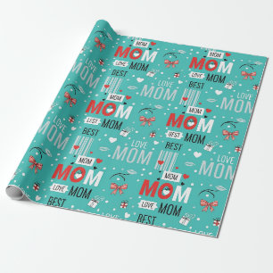 Papel De Regalo Patrón Retro de Amor de Mamá en Turquesa Cómic